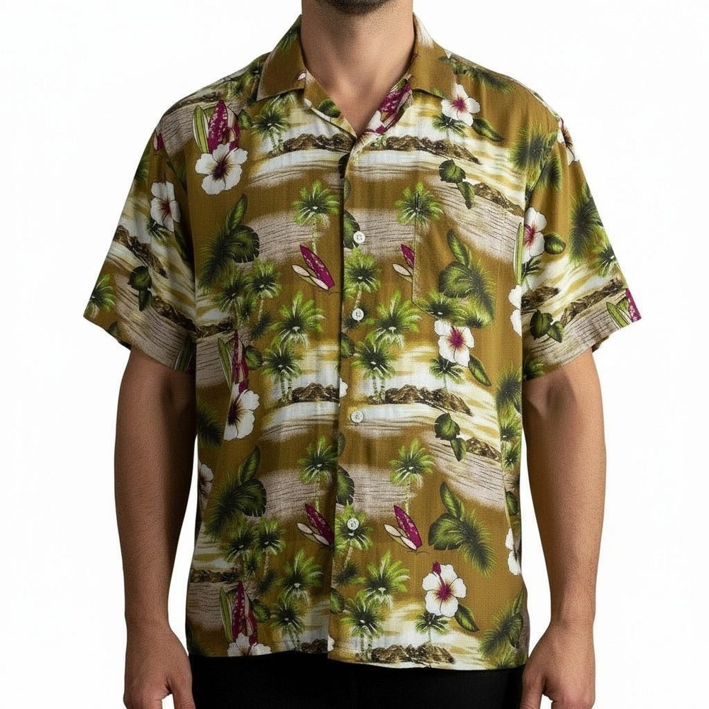 Hawaiian Aloha Shirt XL‎ Tropical Hibiscus Palm Surf Beach Button Up Men